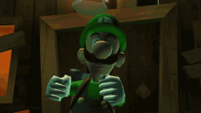 a video game character named luigi is standing in front of a house
