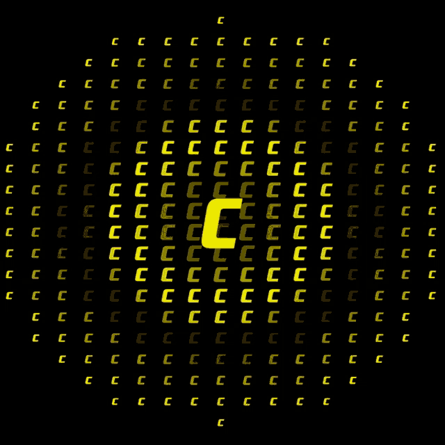 a black background with yellow letters and a red letter c in the middle