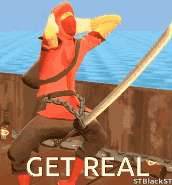 a cartoon of a man holding a sword with the words get real behind him
