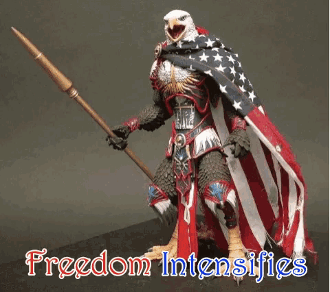 a statue of an eagle with an american flag cape holding a spear with the words freedom intensifies below it