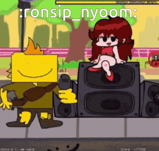 a cartoon of a girl sitting on a speaker next to a man