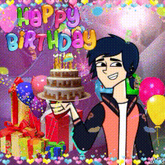 a cartoon character is holding a birthday cake in front of balloons and presents