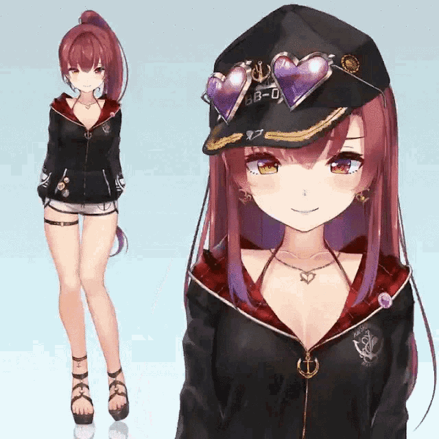 a girl with red hair and a hat that says bb-0 on it
