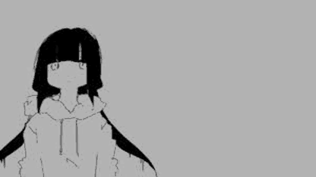 a black and white drawing of a girl with long black hair wearing a hoodie .
