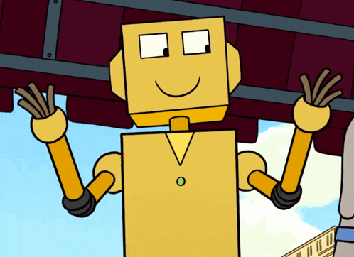 a cartoon drawing of a yellow robot with a green circle on the chest