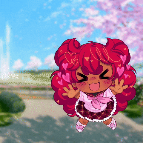 a cartoon girl with red hair and hearts in her hair
