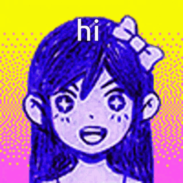 a cartoon girl with blue hair and a bow in her hair is smiling and says hi .