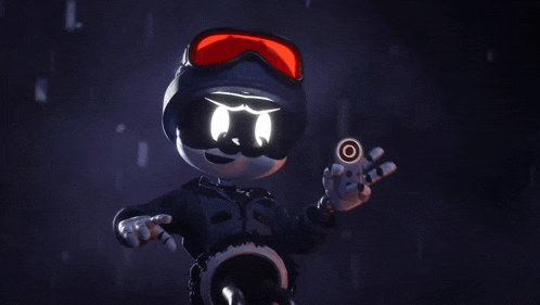 a cartoon character with glowing eyes and a smile