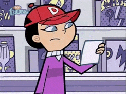 a cartoon character wearing a red hat and holding a piece of paper .