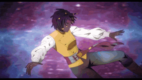a cartoon character with dreadlocks and a yellow shirt is flying through the air