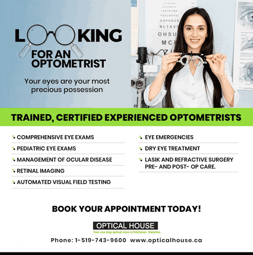 an advertisement for looking for an optometrist shows a woman holding glasses