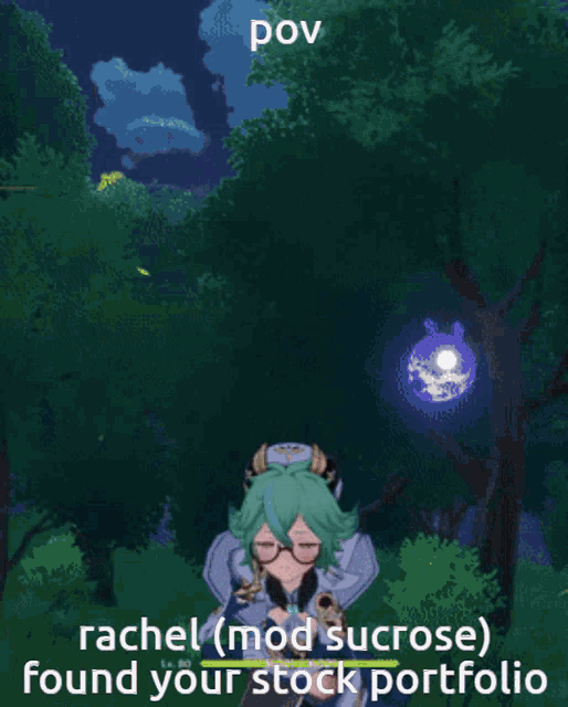 a picture of a girl with green hair and the words " rachel ( mod sucrose ) found your stock portfolio " above her