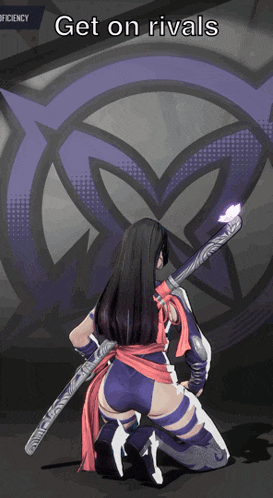 a woman kneeling down with a sword and the words get on rivals above her