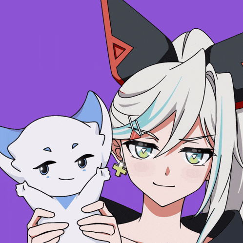 a girl is holding a small white cat with a cross on her ear