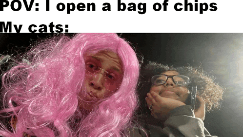 a man and a woman wearing pink wigs and glasses are posing for a picture .