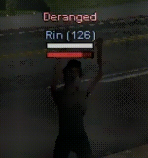 a person is standing in front of a screen that says deranged rin ( 126 ) on it .