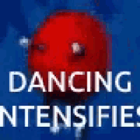 a red bowling ball is on a blue background with the words `` dancing intensifies '' written on it .