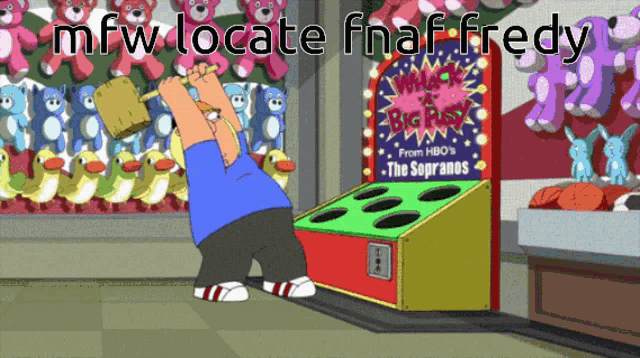 a cartoon of a man holding a hammer in front of a whack a mole game