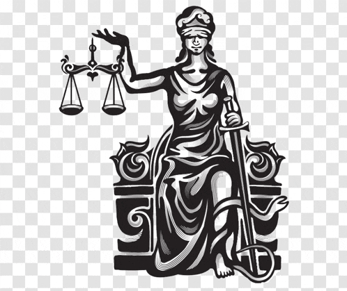 a black and white drawing of a lady justice holding scales and a sword