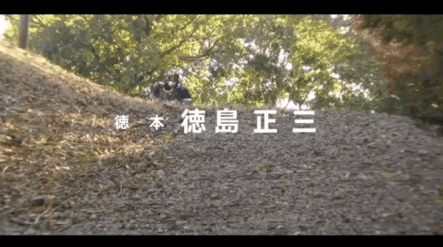 a person laying on a pile of leaves with chinese writing in the background