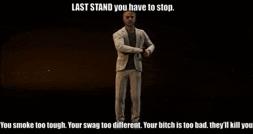 a man holding a sword with the words last stand you have to stop at the bottom