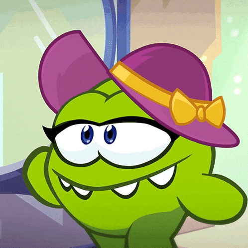 a green cartoon character is wearing a purple hat