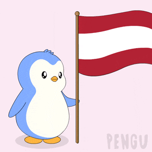 a penguin is holding a red and white flag and the word pengu is on the bottom