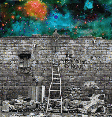 a black and white photo of a man on a ladder with the words " the beginning is near " written on the wall