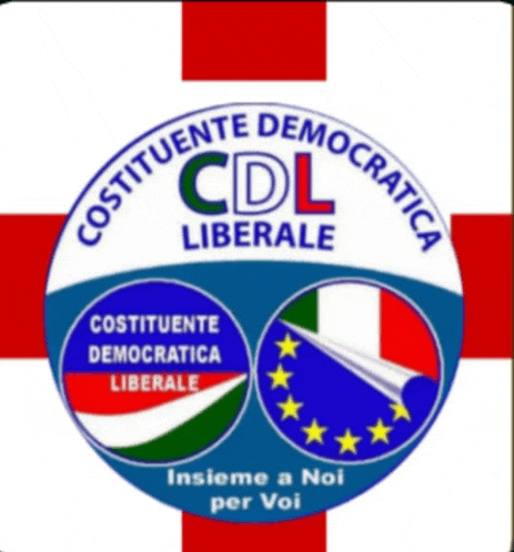 a cdl political logo with a red white and blue cross in the background