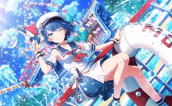 a girl in a sailor outfit is sitting on a life preserver in the water .
