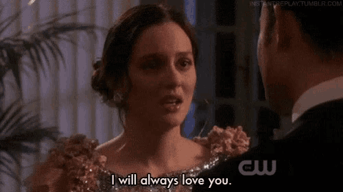 a woman in a dress says " i will always love you " to a man in a tuxedo .