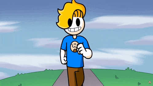 a cartoon character with a cookie on his shirt is walking down a road