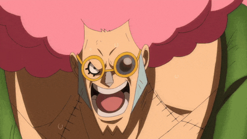 a cartoon character with pink hair and glasses has stitches on his chest