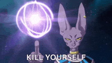 a cartoon character says " kill yourself " in front of a purple sphere