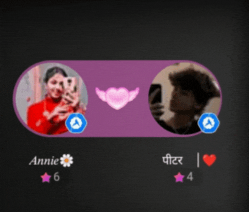 a purple circle with a picture of a girl and a picture of a man