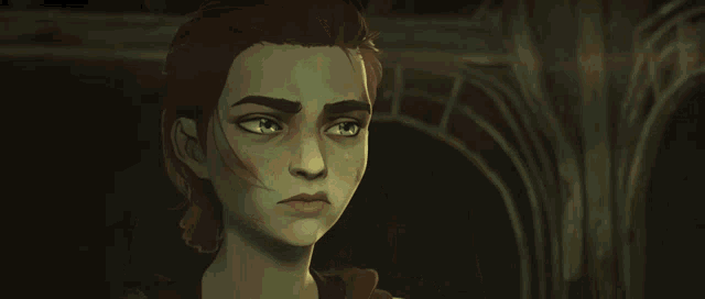a close up of a cartoon character 's face with a hand on her head