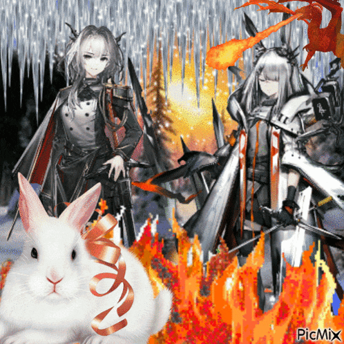 a white rabbit with a red ribbon around its neck is surrounded by anime characters and a fire
