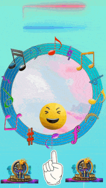 a smiley face is surrounded by music notes and a hand pointing at it