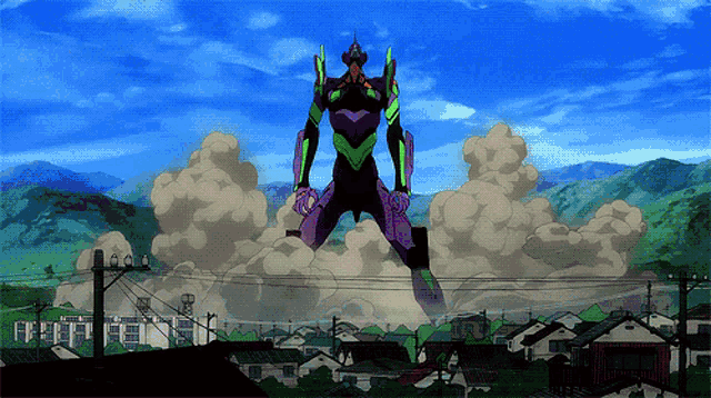 a purple and green robot is flying over a residential area