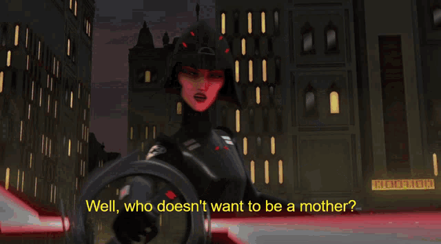 a woman is holding a red light saber with the words well who does n't want to be a mother