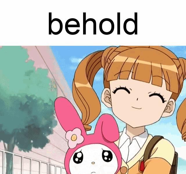 a picture of a girl holding a pink bunny with the word behold below it