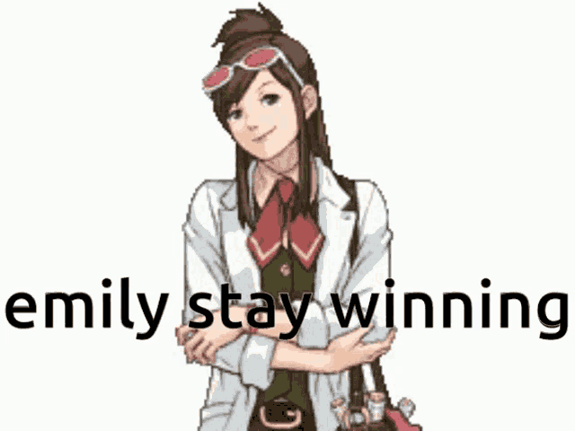 a cartoon of a girl with the words emily stay winning on the bottom