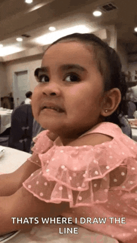 a little girl in a pink dress is sitting at a table and says thats where i draw the line .