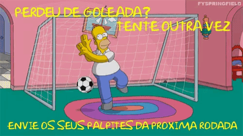 a cartoon of homer simpson kicking a soccer ball in front of a soccer goal