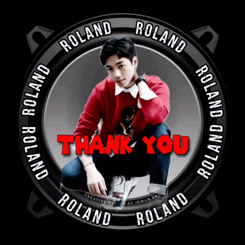 a picture of a man in a red sweater with the words thank you roland around him