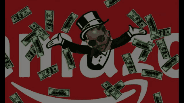 a man in a top hat is surrounded by money and the word amazon