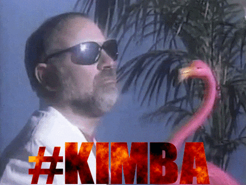 a man wearing sunglasses is standing next to a flamingo and the word kimba is on the screen