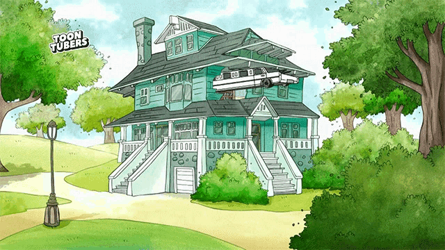 a cartoon drawing of a house with toon tubers written on the bottom right