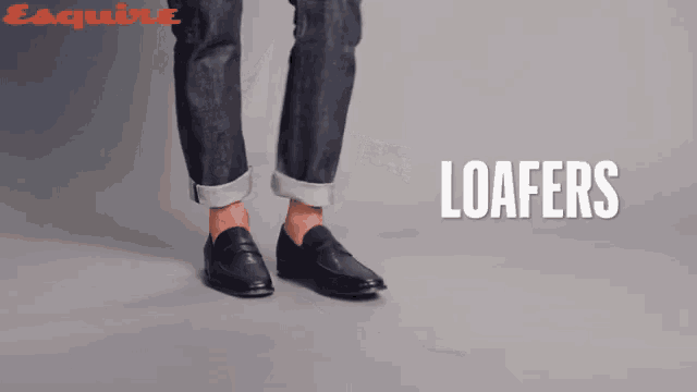 a person wearing loafers with the word esquire on the bottom right