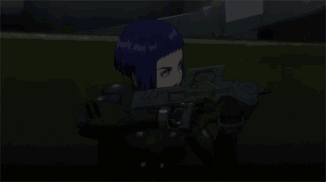a woman with blue hair and blue eyes is holding a gun